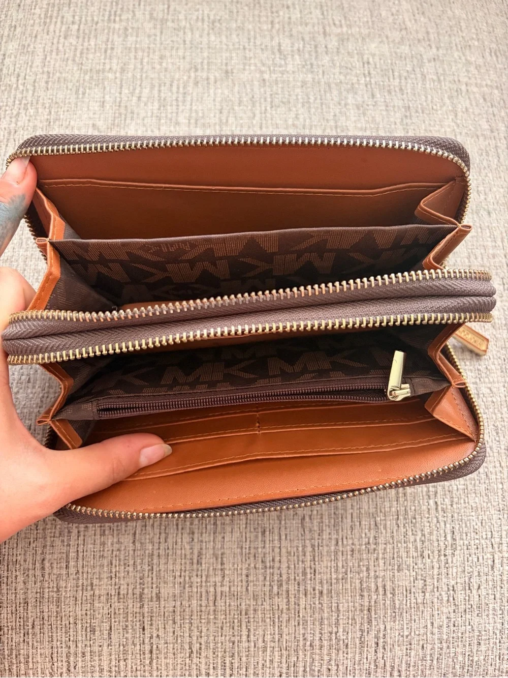 Michael Kors Brown and Black MK Signature Zip Wallet